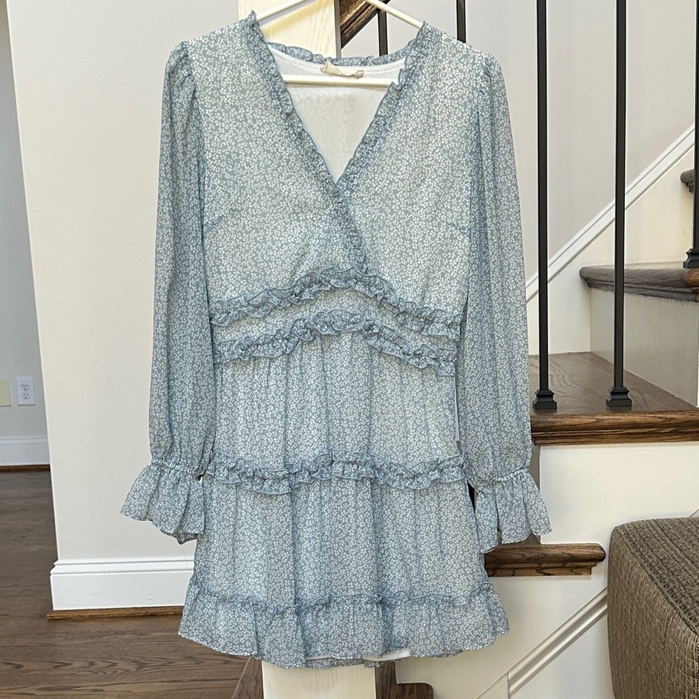 Altar'd State Light Blue Patterned Long Sleeve Dress Small